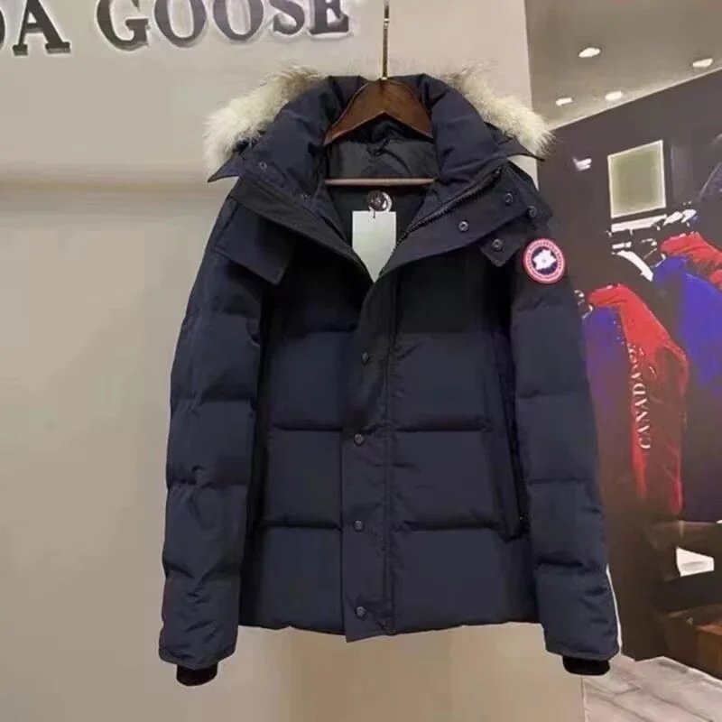 Navy blue red label fur collar